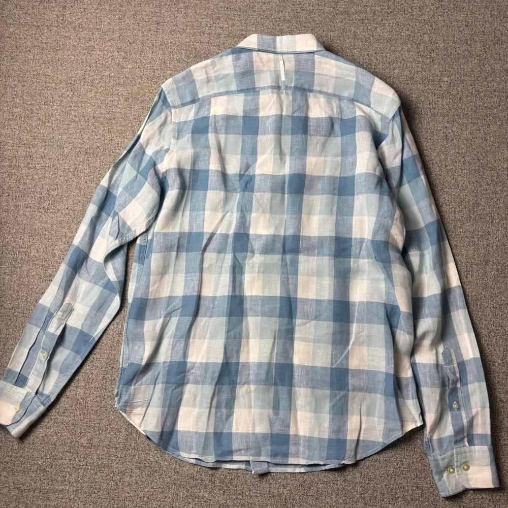 Banana Republic Linen Shirt Mens M Camden Fit Blue Gingham Button-Down Sleeve
